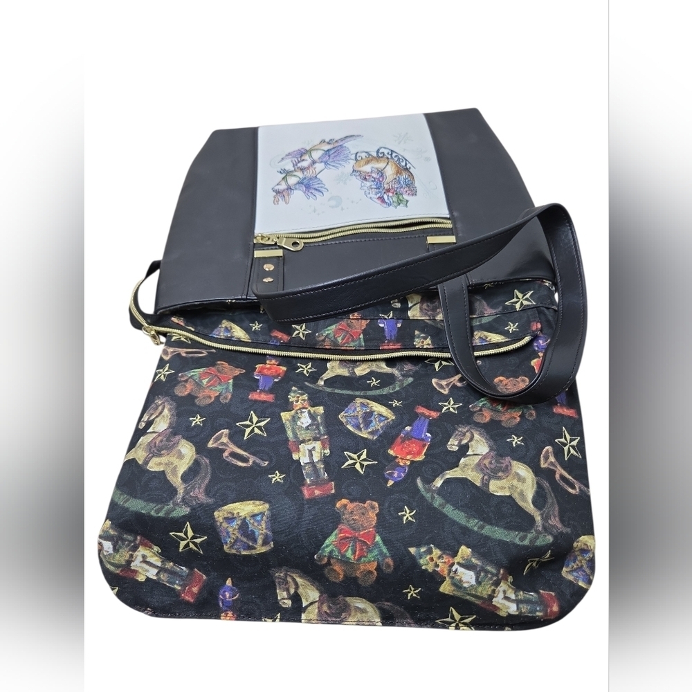 Whimsical Embroidered Christmase Tote Chickadees, Clogs & Sleigh Faux Leather - Picture 9 of 16